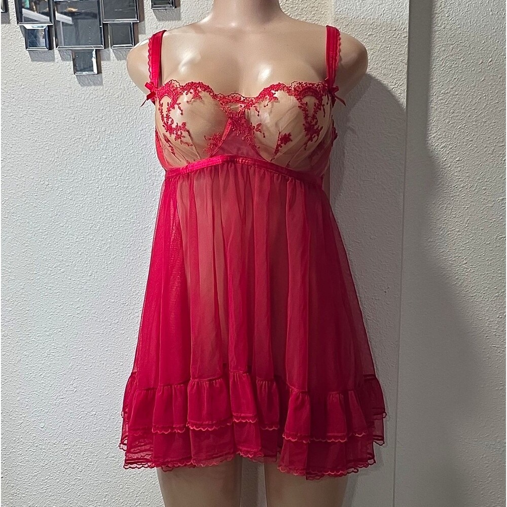 Honey Birdette Red Lace Mesh Babydoll Sweetheart Tie Bow Adjustable Straps 34DD